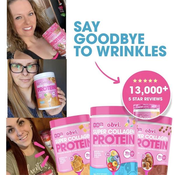 A square ad creative featuring a three-part user collage alongside a prominent star-rating graphic and clear benefit-driven headline for collagen supplements.
